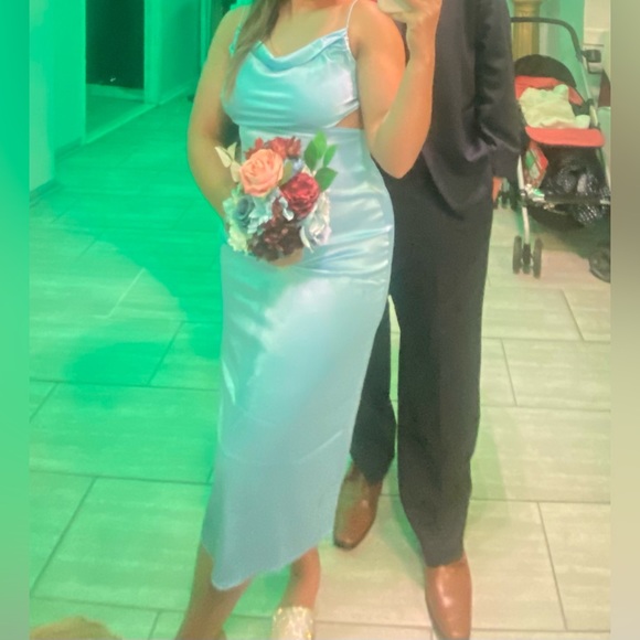 Light Blue, Satin Dress, Size Medium, Stretchy Fit, Formal Occasion, Worn Once! - Picture 4 of 5